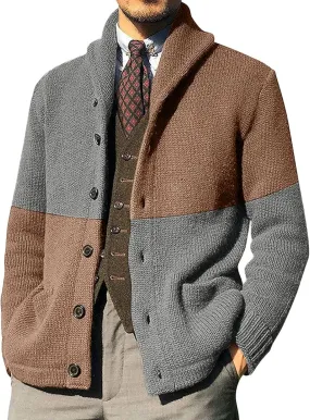 Mens Sweater Mens Patchwork Wool Blended Shawl Collar Cardigan Sweater Button Down with Pockets