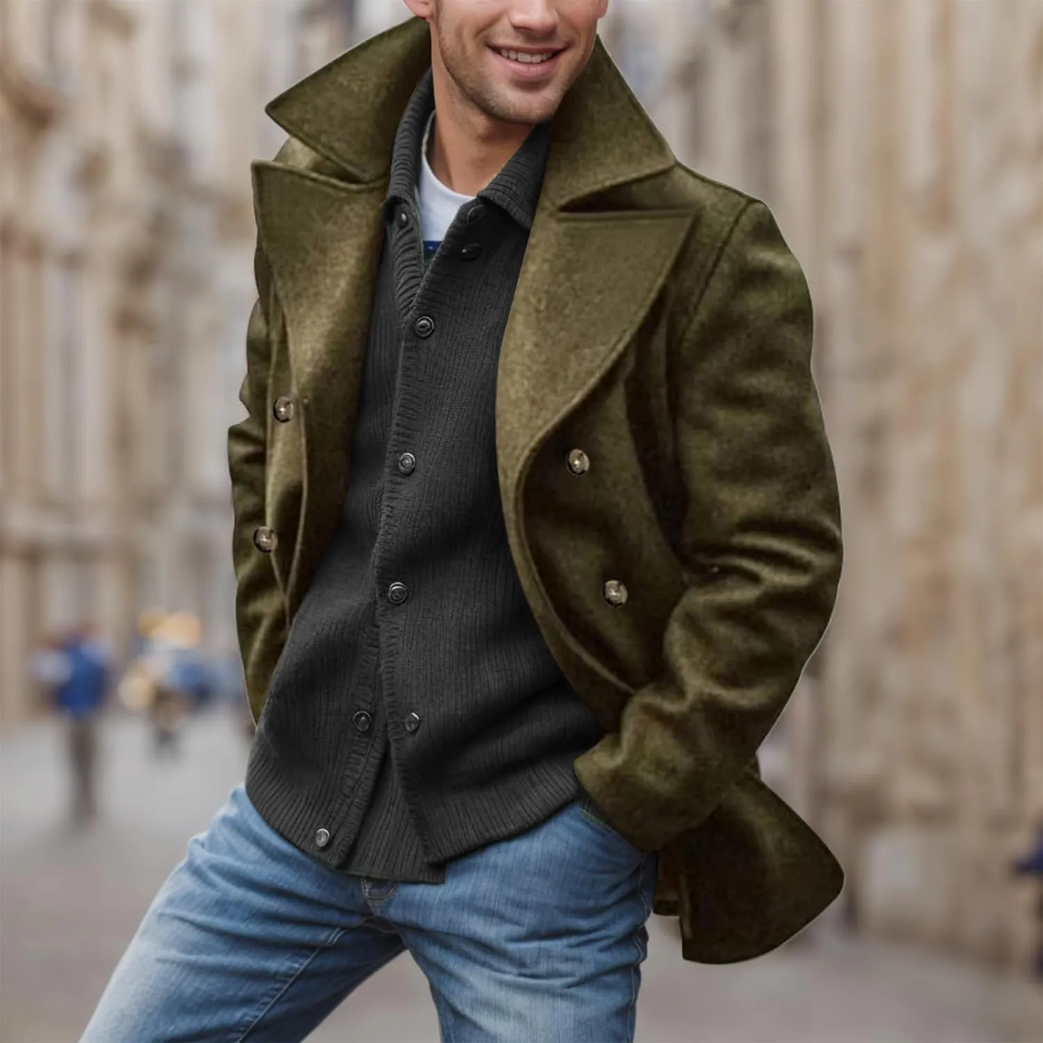 Mens Trench Coat Wool Blend Double Breasted Walking Pea Coat Big and Tall Jackets Business Casual Blazer Jacket Winter