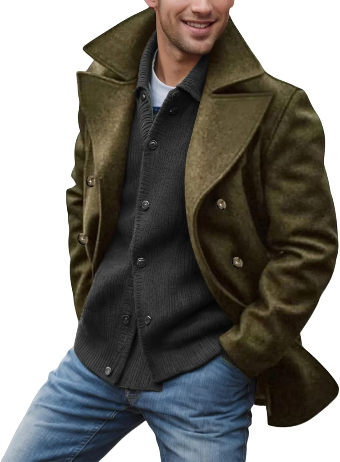 Mens Trench Coat Wool Blend Double Breasted Walking Pea Coat Big and Tall Jackets Business Casual Blazer Jacket Winter