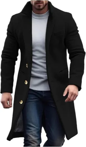 Men's Trench Coats Wool Blend Notch Lapel Single Breasted Long Pea Jackets Casual Business Overcoats