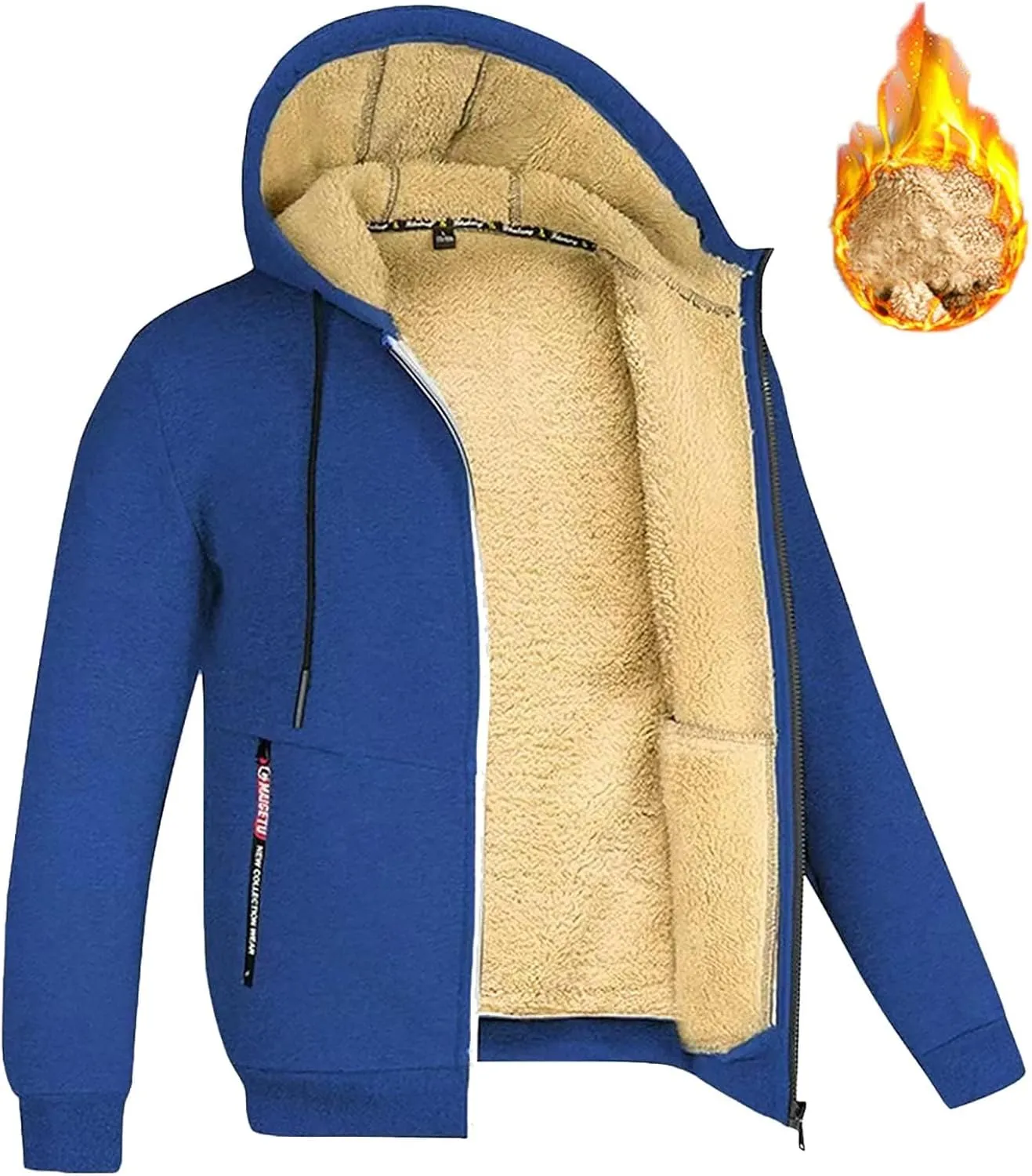 Mens Trendy Lambswool Jackets with Hood Zipper Long Sleeve Sherpa Lined Coats Fleece Outwear Heavyweight Warm Tops