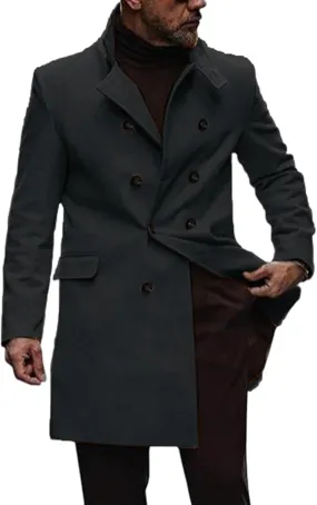 Men's Winter Coat Mid Length Double Breasted Wool Blend Top Coat Solid Stand Collar Oversized Trench Coat Pea Co