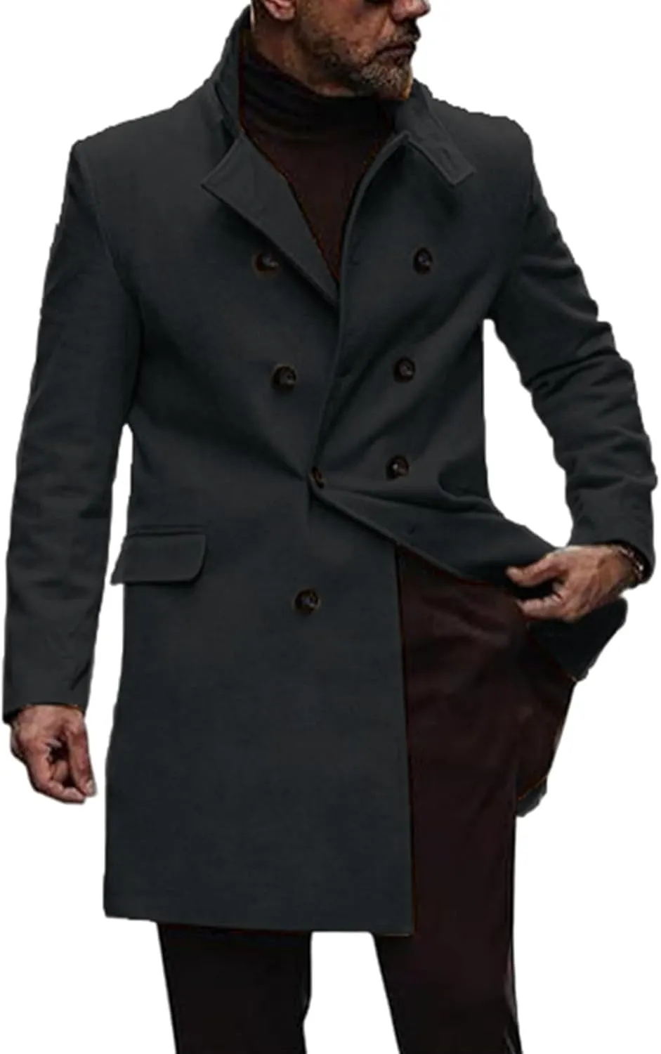 Men's Winter Coat Mid Length Double Breasted Wool Blend Top Coat Solid Stand Collar Oversized Trench Coat Pea Co