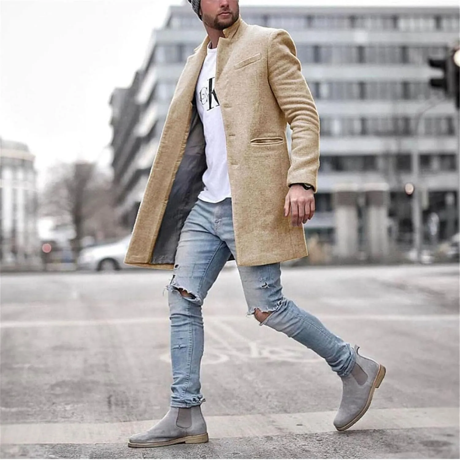 Mens Wool Blend Mid Length Peacoat Lightweight Casual Overcoat Stand Collar Single Breasted Button Coat with Pockets