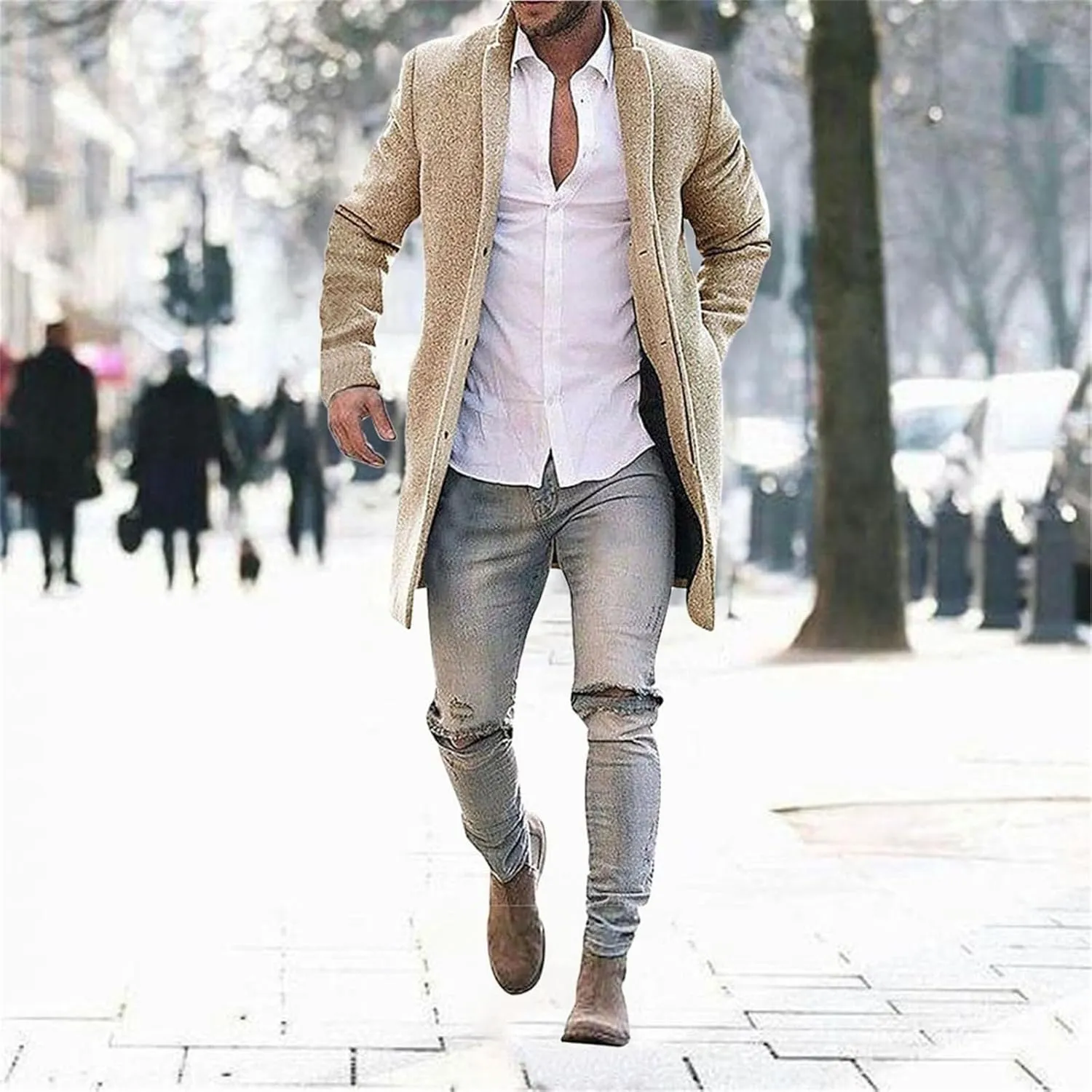 Mens Wool Blend Mid Length Peacoat Lightweight Casual Overcoat Stand Collar Single Breasted Button Coat with Pockets