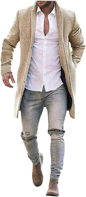 Mens Wool Blend Mid Length Peacoat Lightweight Casual Overcoat Stand Collar Single Breasted Button Coat with Pockets