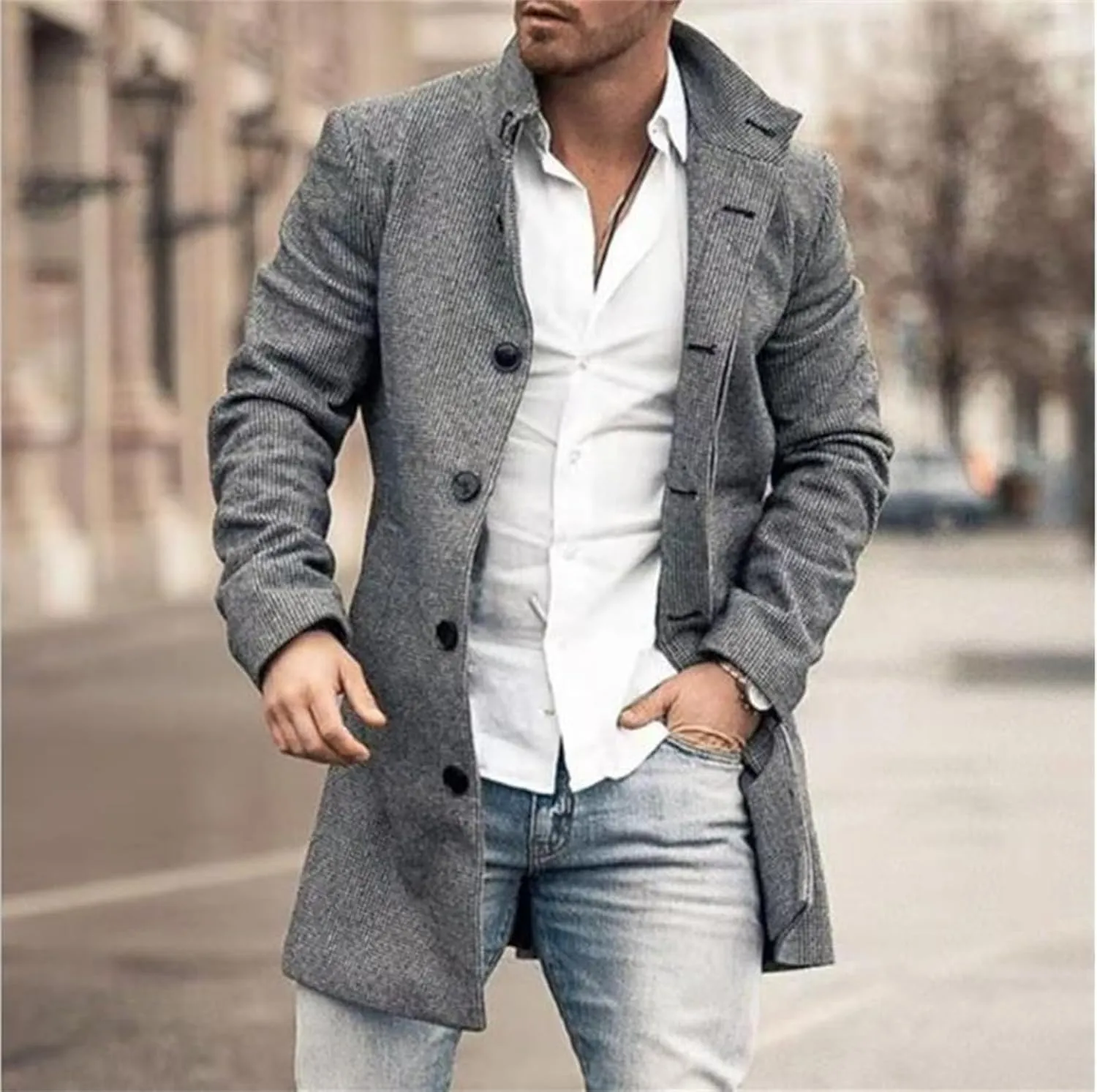 Mens Wool Blend Notch Lapel Peacoat Single Breasted Long Jacket Long Sleeve Casual Overcoat with Multiple Pockets