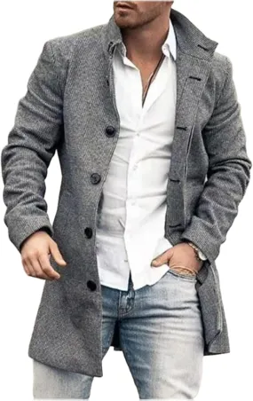 Mens Wool Blend Notch Lapel Peacoat Single Breasted Long Jacket Long Sleeve Casual Overcoat with Multiple Pockets