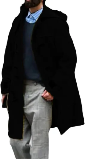 Mens Wool Blend Single Breasted Walking Coat with Hood Mid Length Pea Coat with Buttons Winter Jacket for Slim Fit