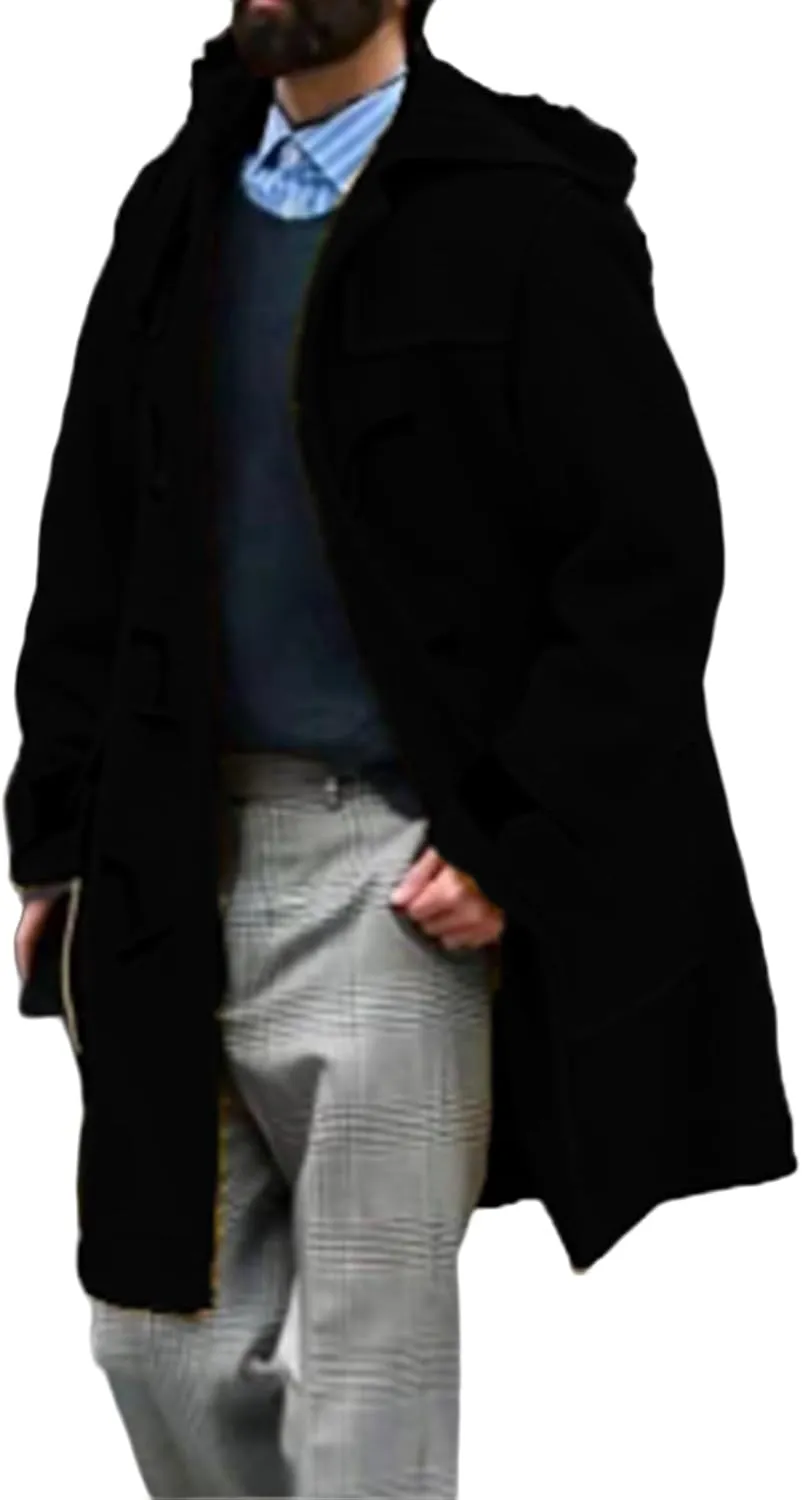 Mens Wool Blend Single Breasted Walking Coat with Hood Mid Length Pea Coat with Buttons Winter Jacket for Slim Fit