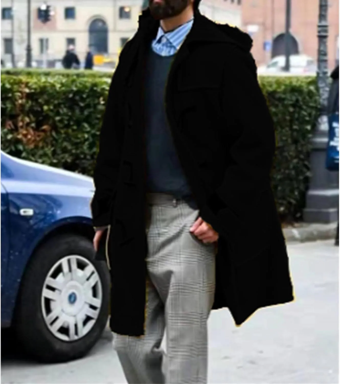 Mens Wool Blend Single Breasted Walking Coat with Hood Mid Length Pea Coat with Buttons Winter Jacket for Slim Fit