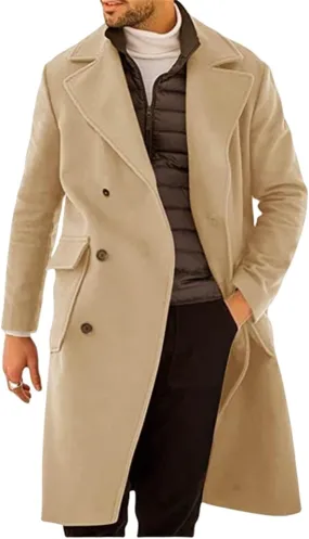 Mens Wool Blend Trench Coat Mid Long Double Breasted Slim Fit Notched Lapel Collar Classic Peacoat with Pockets