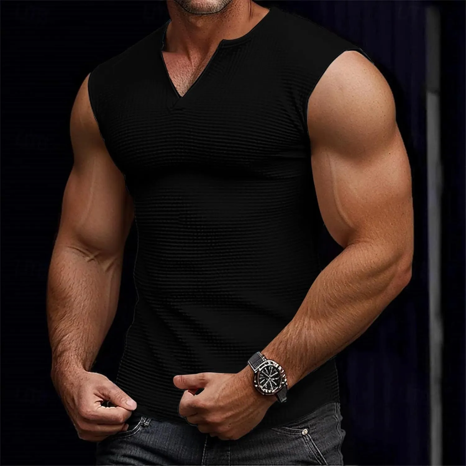 Men's Workout Tank Tops Waffle V Neck Sleeveless Bodybuilding Gym Muscle Shirts Casual Summer Beach Tee Shirts
