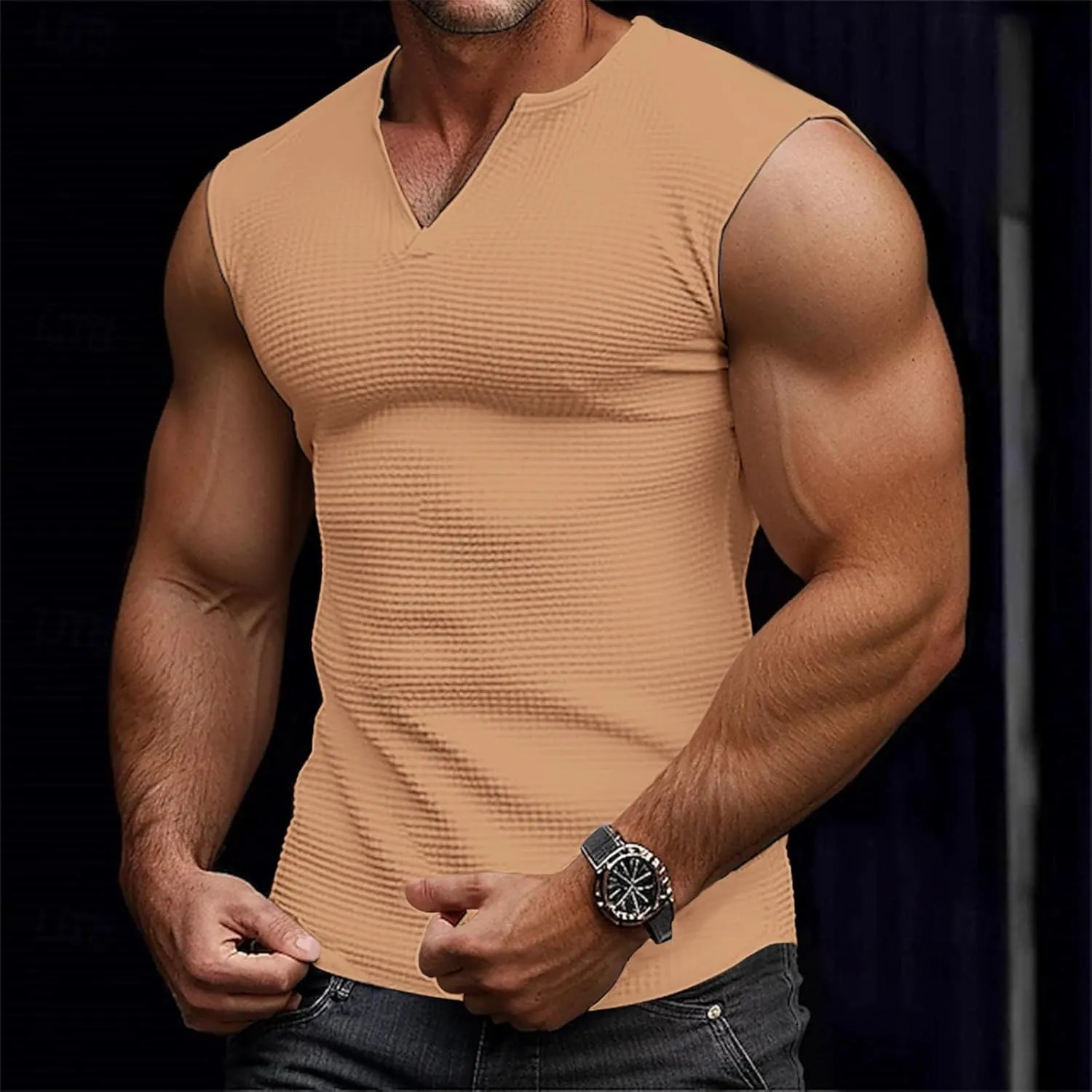 Men's Workout Tank Tops Waffle V Neck Sleeveless Bodybuilding Gym Muscle Shirts Casual Summer Beach Tee Shirts