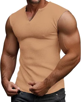 Men's Workout Tank Tops Waffle V Neck Sleeveless Bodybuilding Gym Muscle Shirts Casual Summer Beach Tee Shirts