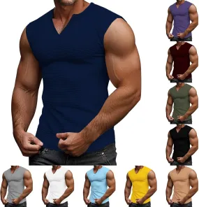 Men's Workout Tank Tops Waffle V Neck Sleeveless Bodybuilding Gym Muscle Shirts Casual Summer Beach Tee Shirts