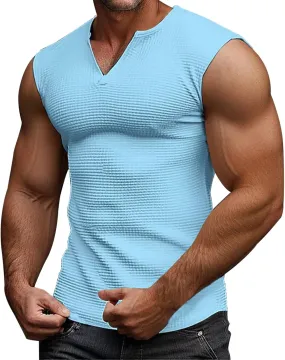 Men's Workout Tank Tops Waffle V Neck Sleeveless Bodybuilding Gym Muscle Shirts Casual Summer Beach Tee Shirts