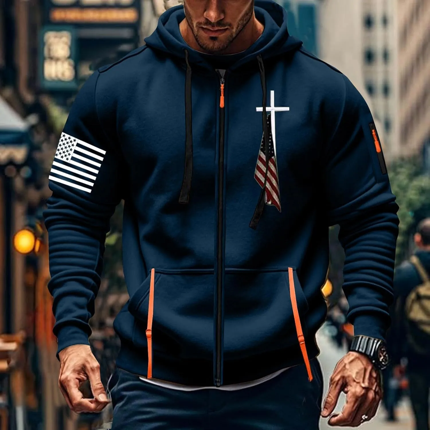 Mens Zip Up USA Flag Print Hoodies Fashion Long Sleeve Drawstring Shirts Casual Patriotic Sweatshirts with Pockets