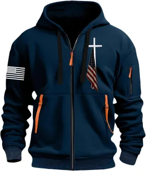 Mens Zip Up USA Flag Print Hoodies Fashion Long Sleeve Drawstring Shirts Casual Patriotic Sweatshirts with Pockets