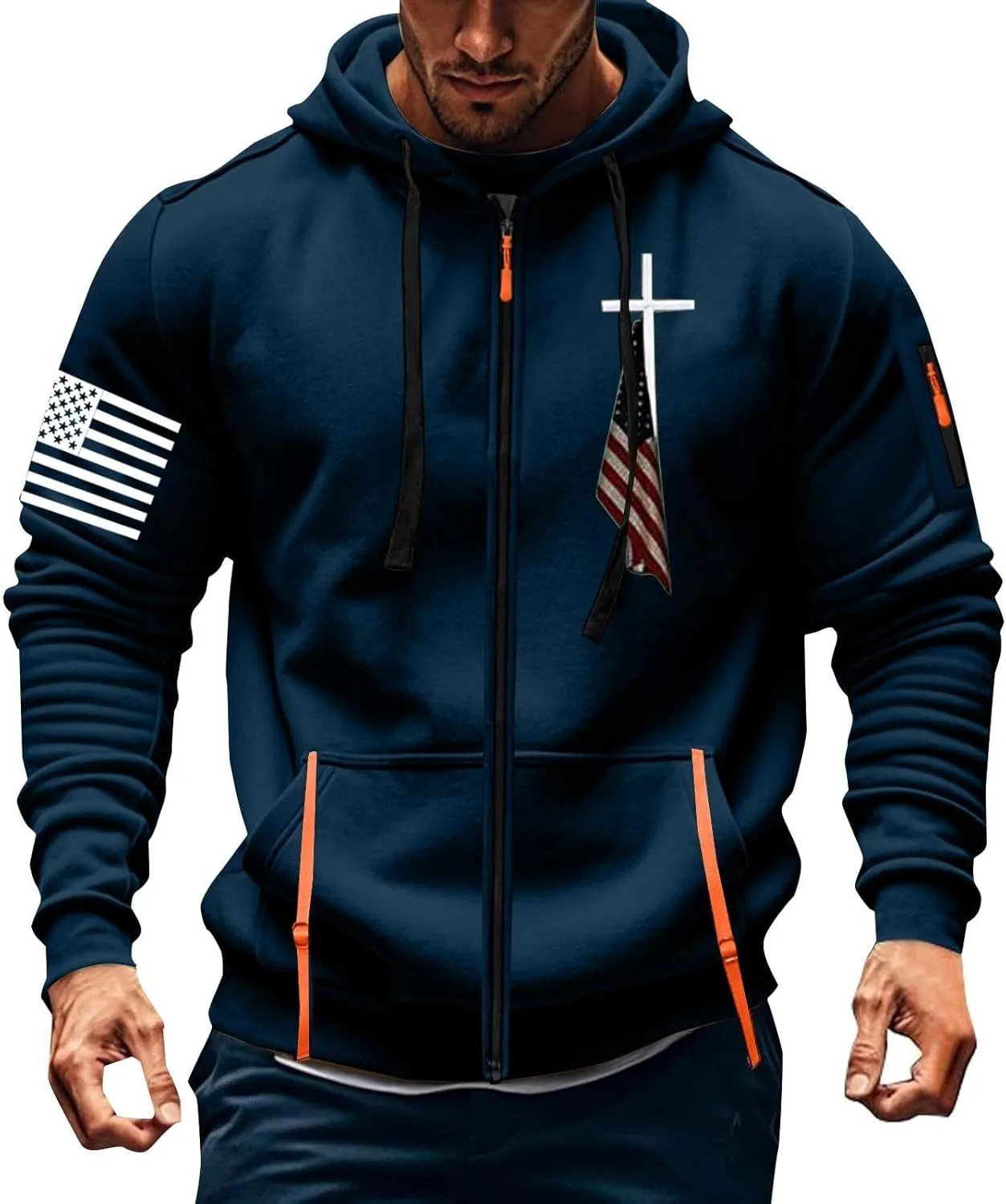 Mens Zip Up USA Flag Print Hoodies Fashion Long Sleeve Drawstring Shirts Casual Patriotic Sweatshirts with Pockets