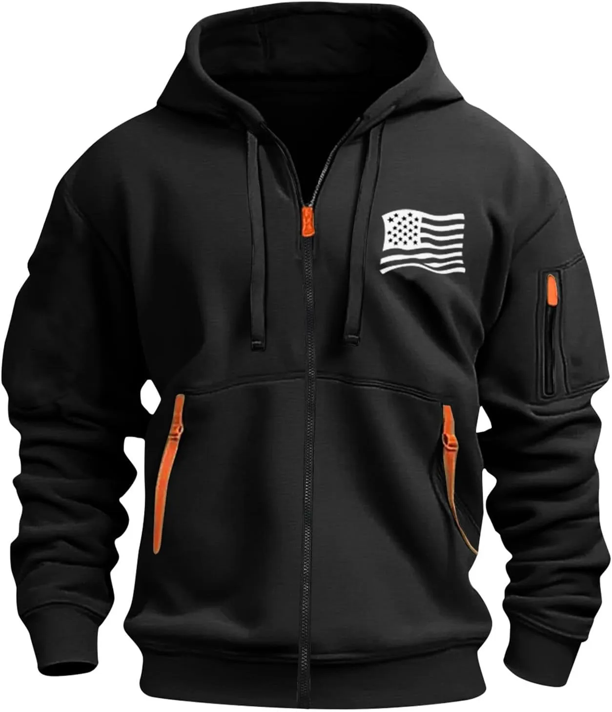 Mens Zipper American Flag Print Hoodies Slim Long Sleeve Drawstring Shirts Plus Size Patriotic Sweatshirt with Pockets