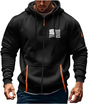 Mens Zipper American Flag Print Hoodies Slim Long Sleeve Drawstring Shirts Plus Size Patriotic Sweatshirt with Pockets