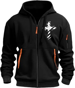 Men's Zipper USA Flag Print Hoodies Soft Long Sleeve Drawstring Shirt Plus Size Patriotic Sweatshirt with Pockets