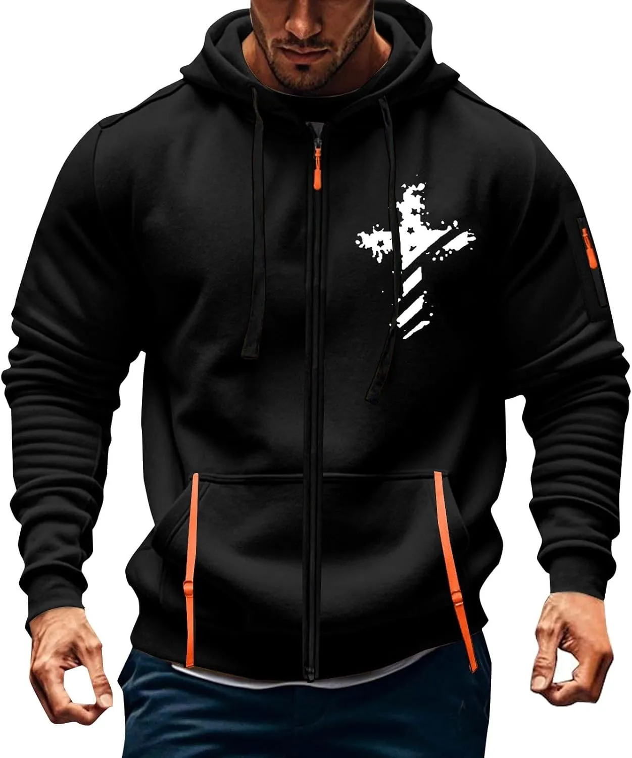 Men's Zipper USA Flag Print Hoodies Soft Long Sleeve Drawstring Shirt Plus Size Patriotic Sweatshirt with Pockets