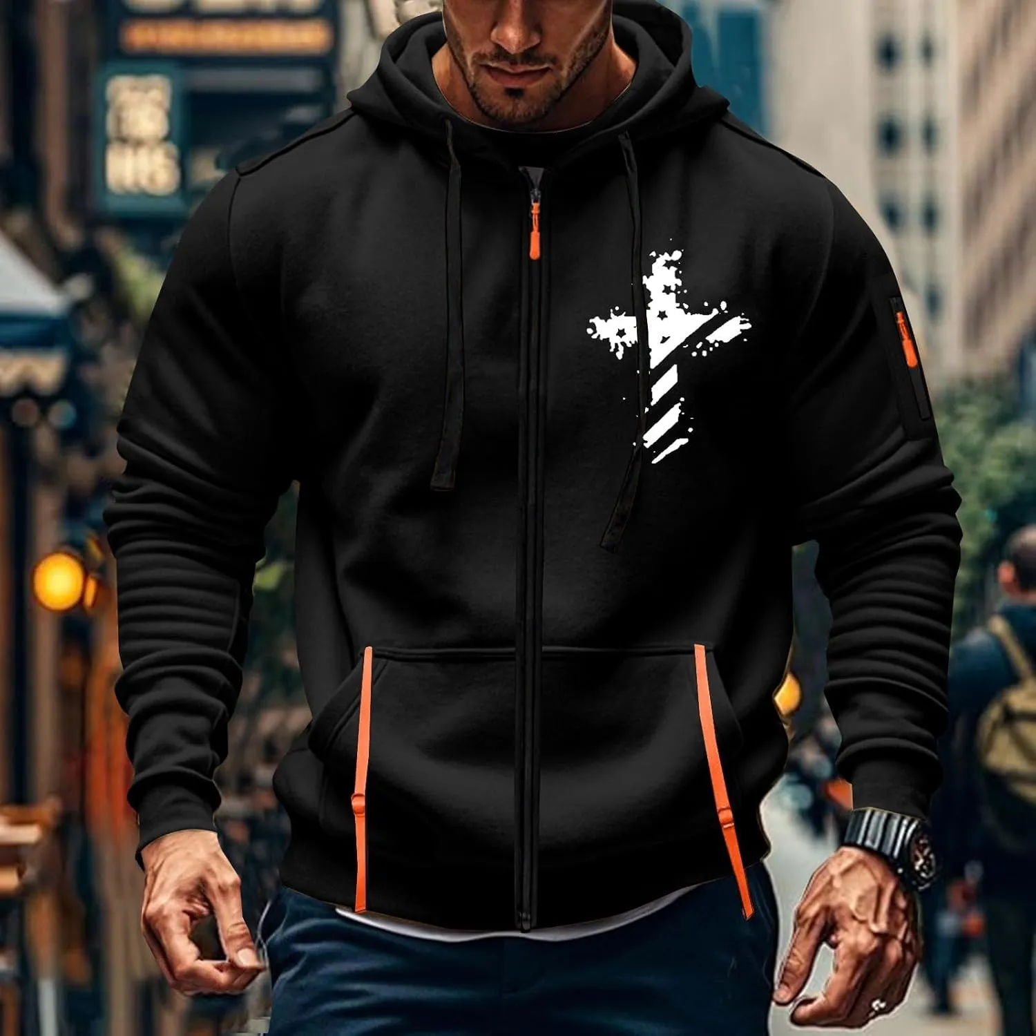 Men's Zipper USA Flag Print Hoodies Soft Long Sleeve Drawstring Shirt Plus Size Patriotic Sweatshirt with Pockets