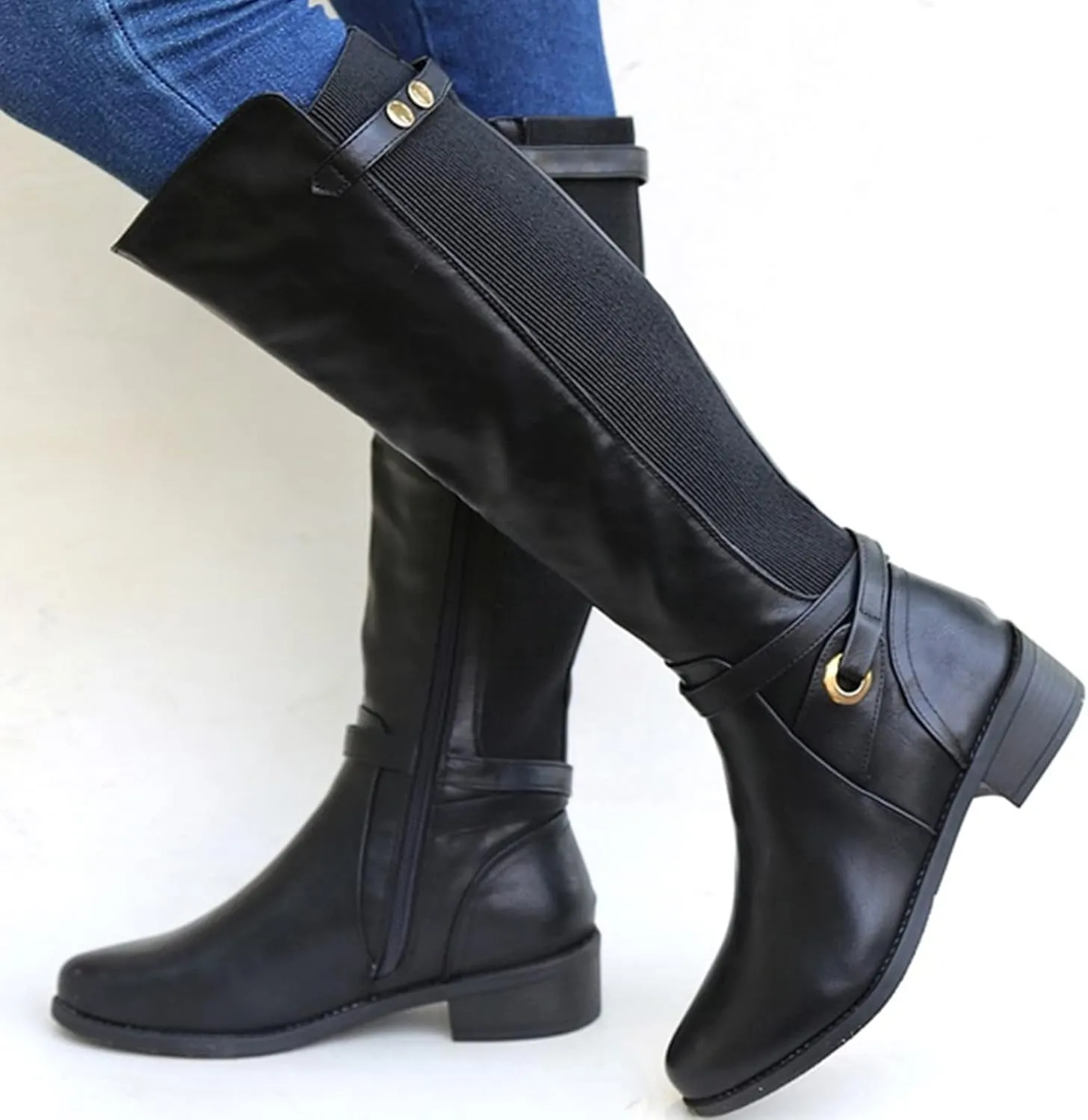 Mid Calf Boots Women Womens Hiking Boots Womens Chunky Heel Side Zipper Round Toe Long Booties Artificial Leather