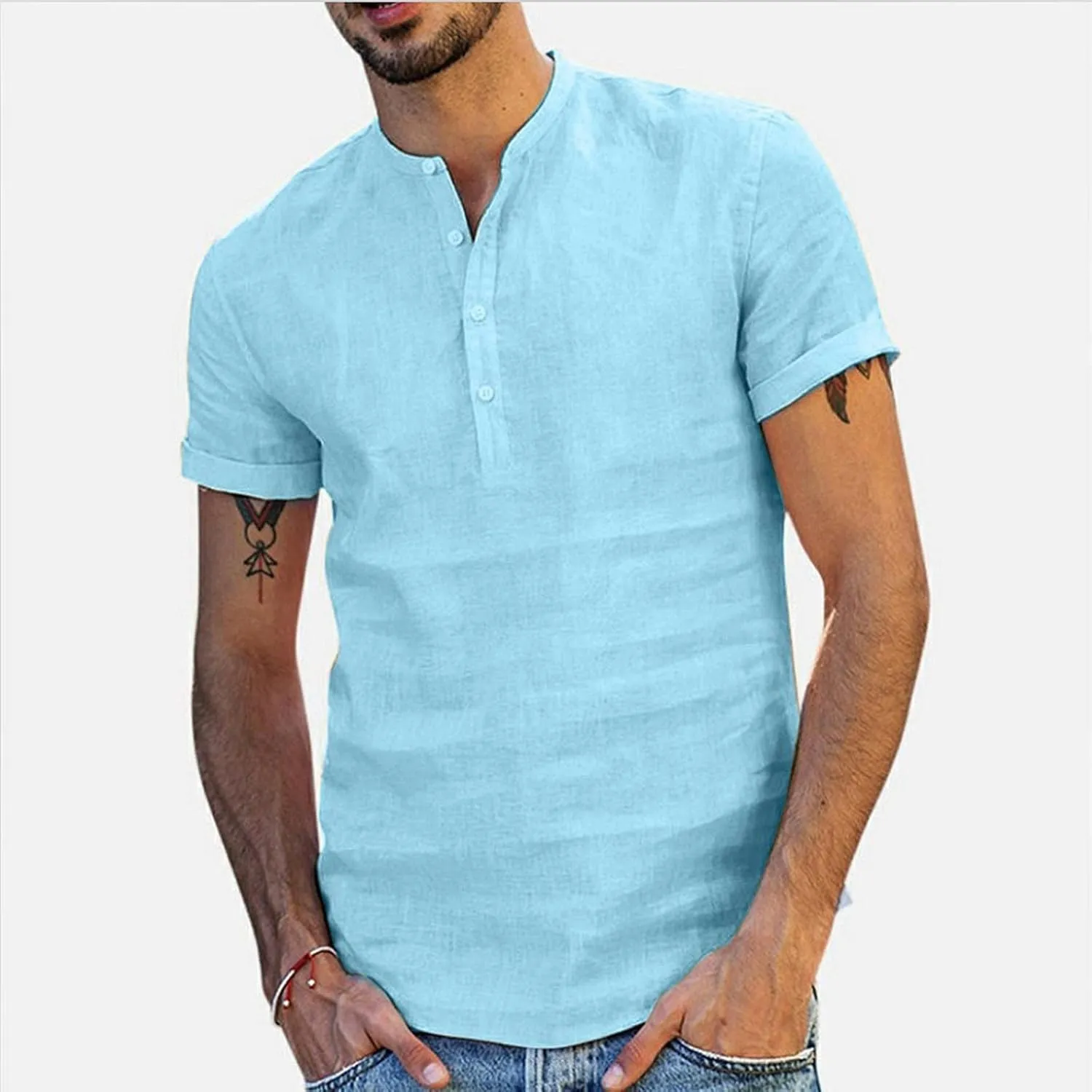 Muscularfit Tshirts Shirts for Men V Neck Cotton Linen Short Sleeve Buttons Shirt Summer Causal Loose Beach Vacation Pullover