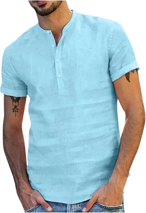 Muscularfit Tshirts Shirts for Men V Neck Cotton Linen Short Sleeve Buttons Shirt Summer Causal Loose Beach Vacation Pullover