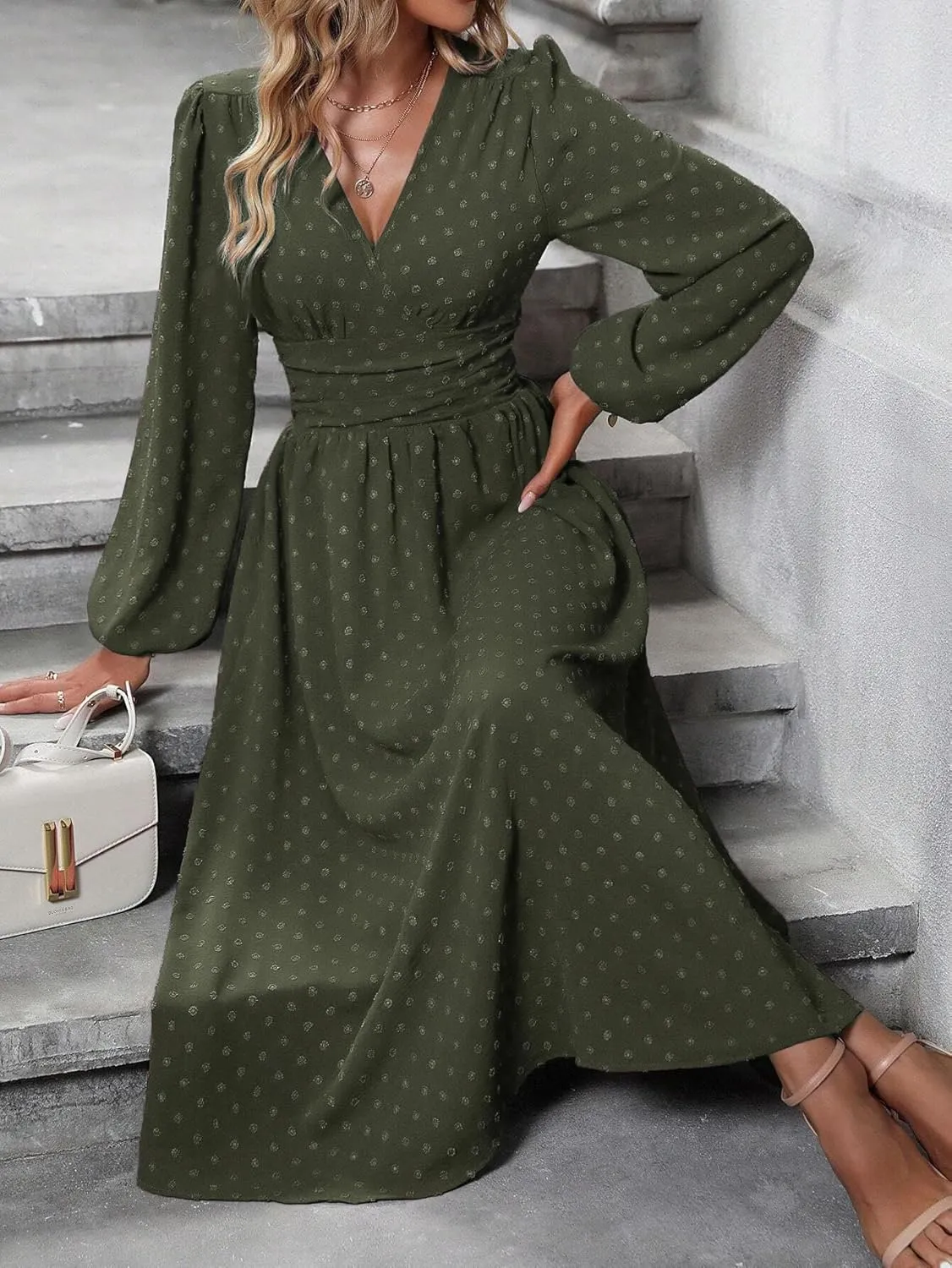 Narecte Womens Dresses Swiss Dot Fall Dresses for Women Lantern Sleeve Dress Midi Dresses Formal Dresses Casual Dresses