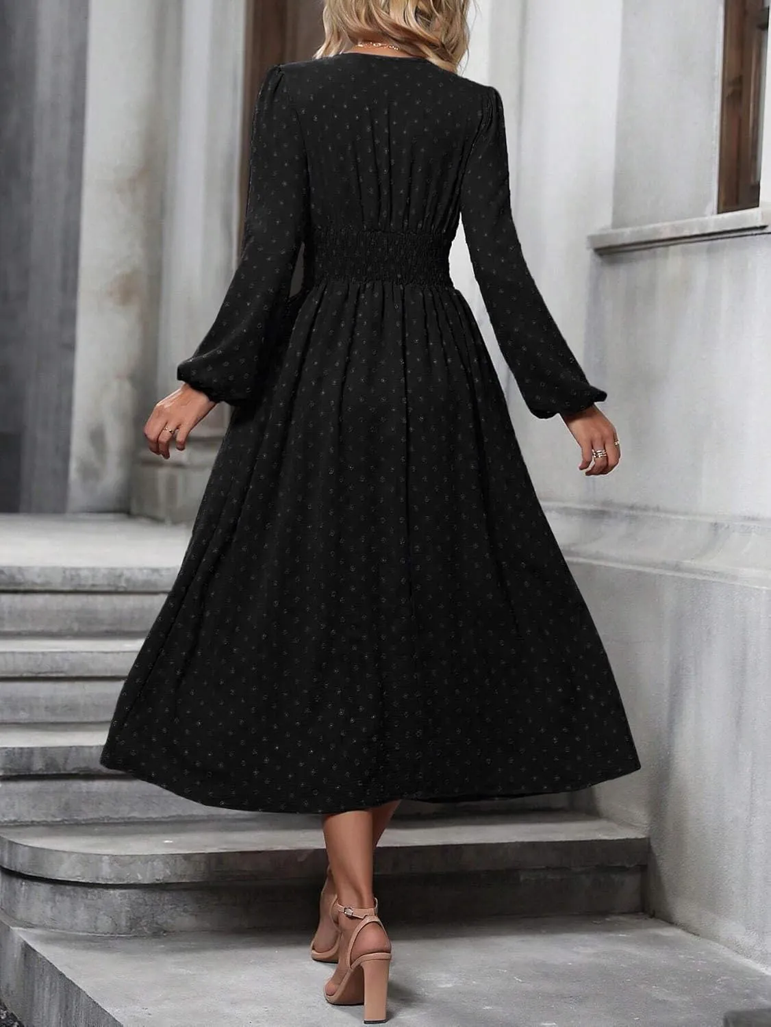 Narecte Womens Dresses Swiss Dot Fall Dresses for Women Lantern Sleeve Dress Midi Dresses Formal Dresses Casual Dresses