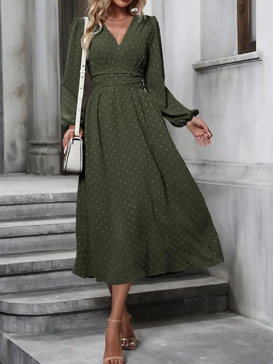 Narecte Womens Dresses Swiss Dot Fall Dresses for Women Lantern Sleeve Dress Midi Dresses Formal Dresses Casual Dresses