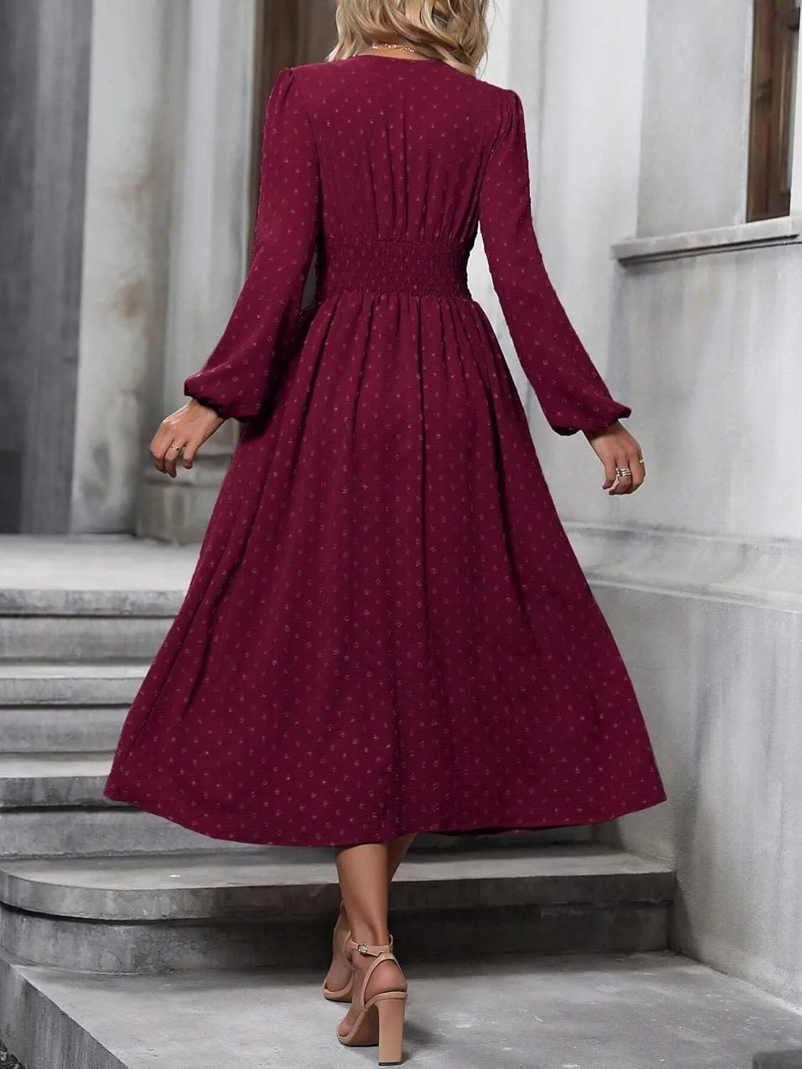 Narecte Womens Dresses Swiss Dot Fall Dresses for Women Lantern Sleeve Dress Midi Dresses Formal Dresses Casual Dresses