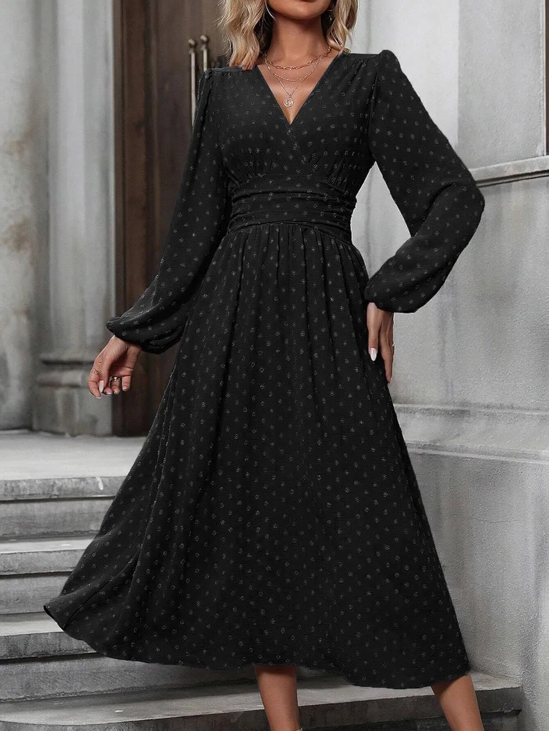 Narecte Womens Dresses Swiss Dot Fall Dresses for Women Lantern Sleeve Dress Midi Dresses Formal Dresses Casual Dresses