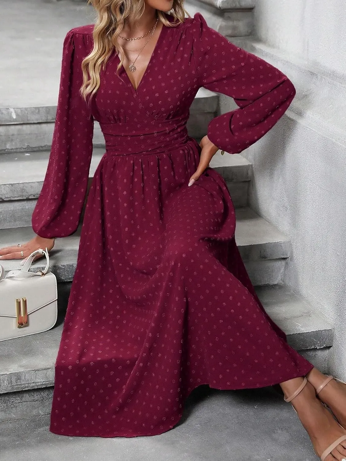Narecte Womens Dresses Swiss Dot Fall Dresses for Women Lantern Sleeve Dress Midi Dresses Formal Dresses Casual Dresses