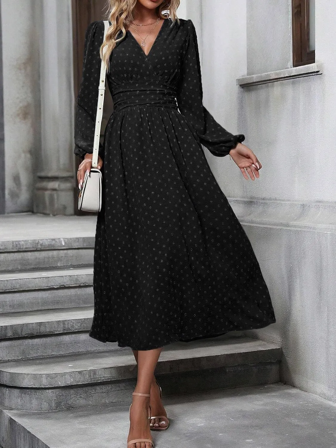 Narecte Womens Dresses Swiss Dot Fall Dresses for Women Lantern Sleeve Dress Midi Dresses Formal Dresses Casual Dresses