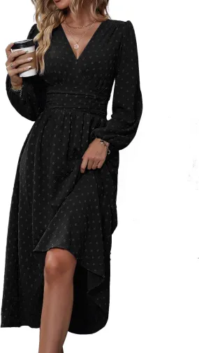 Narecte Womens Dresses Swiss Dot Fall Dresses for Women Lantern Sleeve Dress Midi Dresses Formal Dresses Casual Dresses