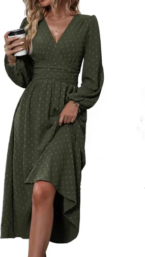Narecte Womens Dresses Swiss Dot Fall Dresses for Women Lantern Sleeve Dress Midi Dresses Formal Dresses Casual Dresses