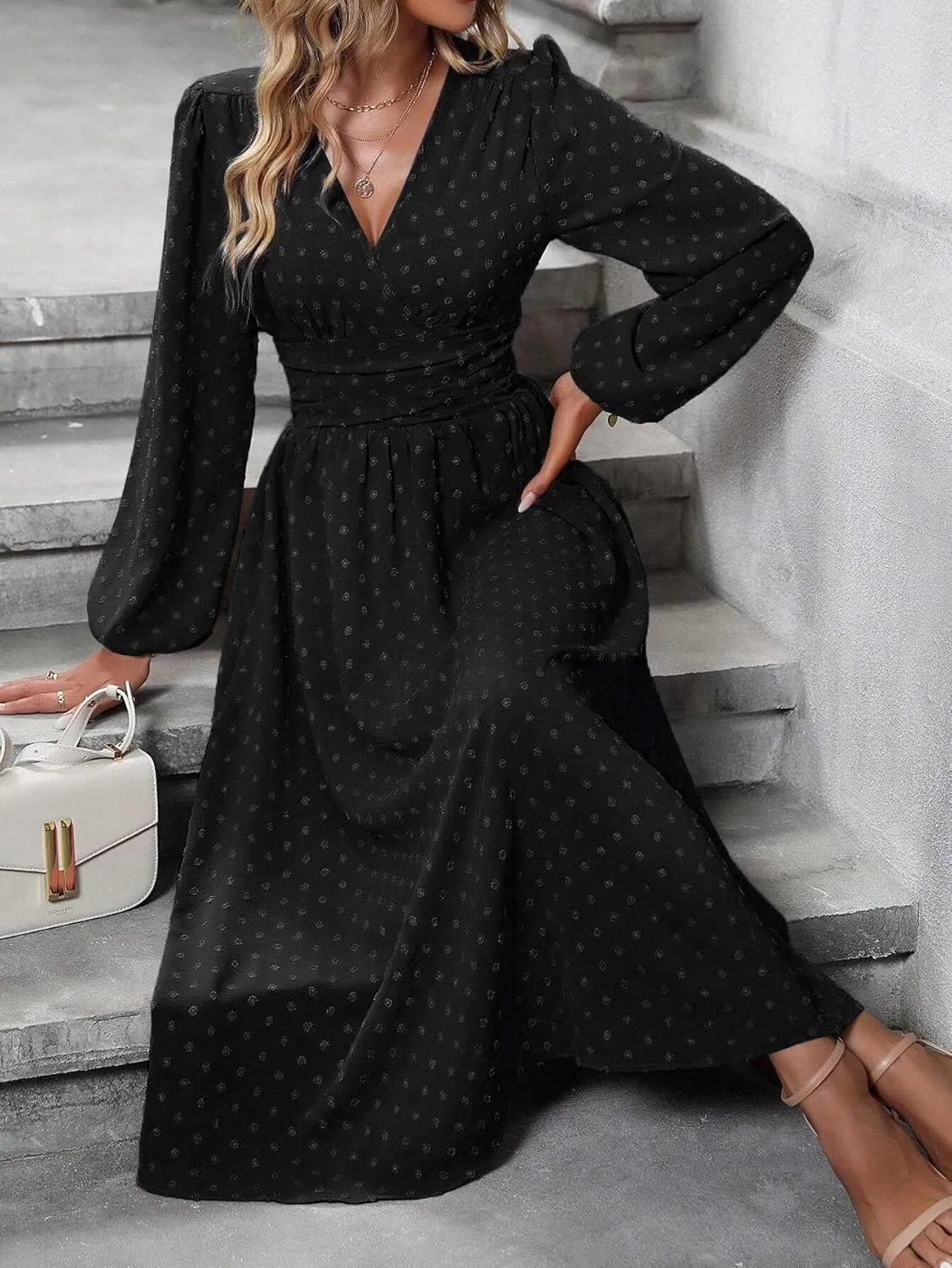 Narecte Womens Dresses Swiss Dot Fall Dresses for Women Lantern Sleeve Dress Midi Dresses Formal Dresses Casual Dresses