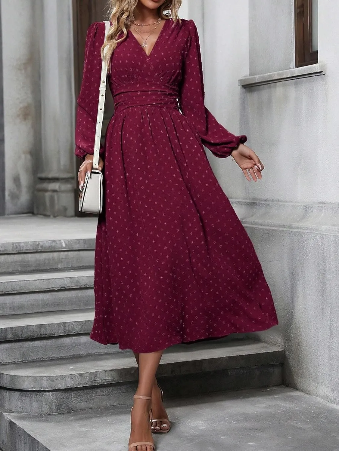 Narecte Womens Dresses Swiss Dot Fall Dresses for Women Lantern Sleeve Dress Midi Dresses Formal Dresses Casual Dresses