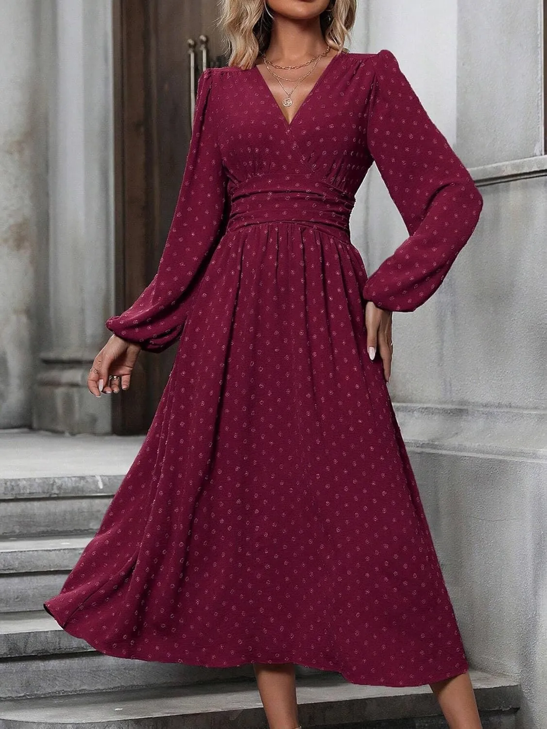 Narecte Womens Dresses Swiss Dot Fall Dresses for Women Lantern Sleeve Dress Midi Dresses Formal Dresses Casual Dresses