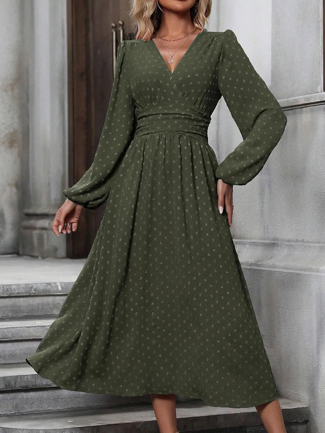 Narecte Womens Dresses Swiss Dot Fall Dresses for Women Lantern Sleeve Dress Midi Dresses Formal Dresses Casual Dresses