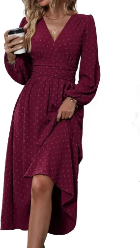 Narecte Womens Dresses Swiss Dot Fall Dresses for Women Lantern Sleeve Dress Midi Dresses Formal Dresses Casual Dresses