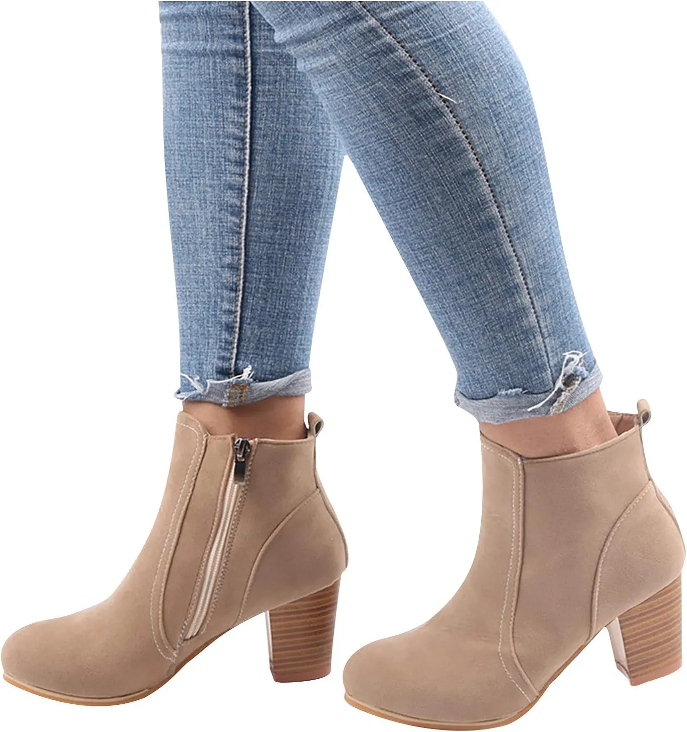 oiangi Womens Chunky Heel Snow Boots Fashion Buckle Strap Solid Color Round Toe Side Zipper Square Heel Short Boot Comfortable Keep Warm Casual Shoes