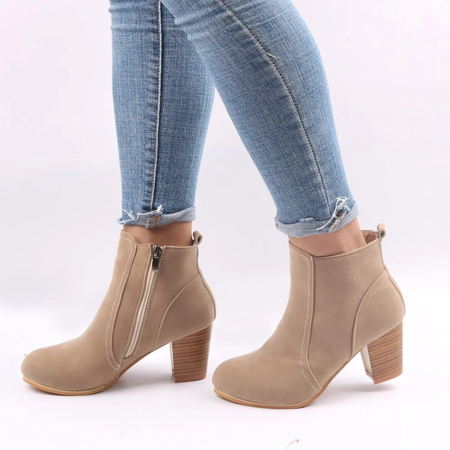 oiangi Womens Chunky Heel Snow Boots Fashion Buckle Strap Solid Color Round Toe Side Zipper Square Heel Short Boot Comfortable Keep Warm Casual Shoes