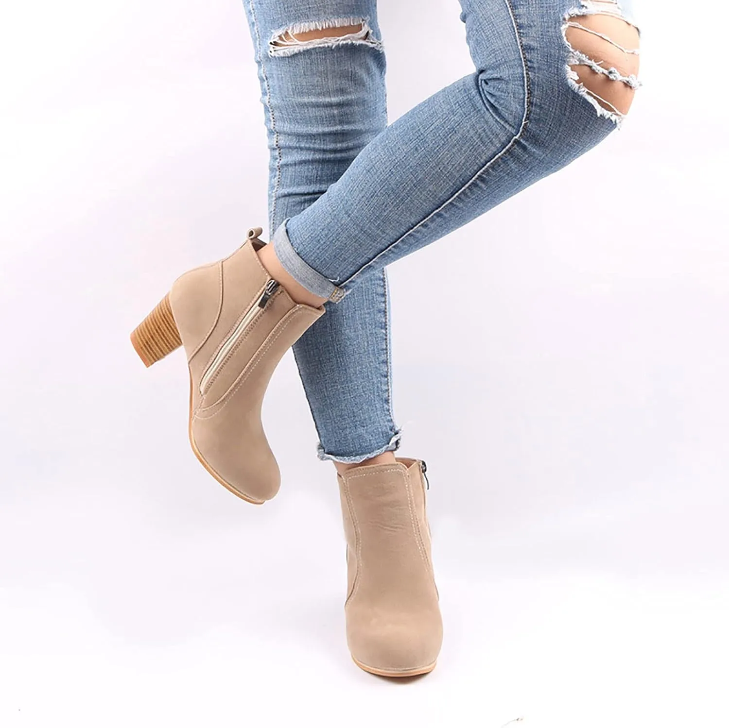 oiangi Womens Chunky Heel Snow Boots Fashion Buckle Strap Solid Color Round Toe Side Zipper Square Heel Short Boot Comfortable Keep Warm Casual Shoes