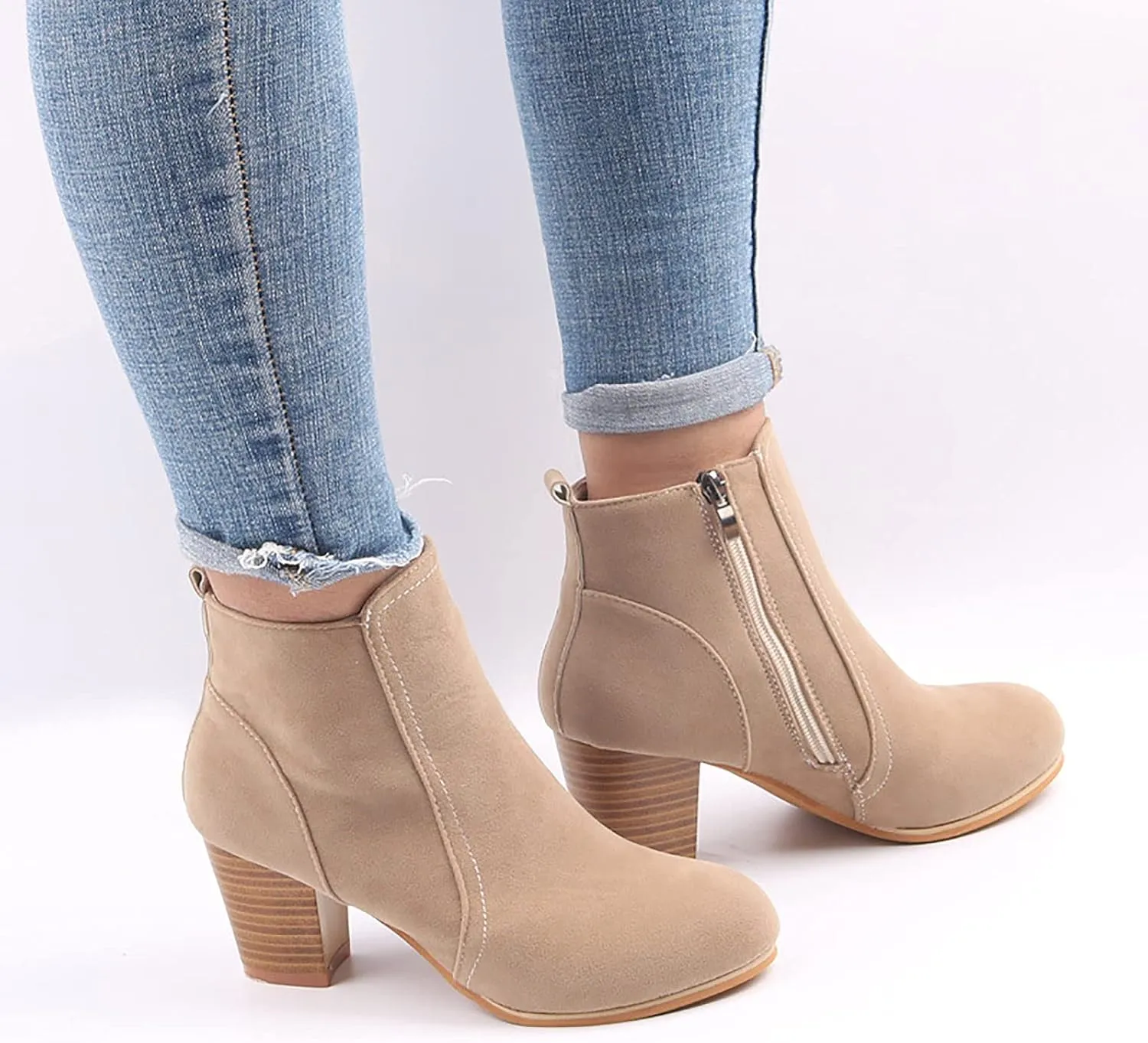 oiangi Womens Chunky Heel Snow Boots Fashion Buckle Strap Solid Color Round Toe Side Zipper Square Heel Short Boot Comfortable Keep Warm Casual Shoes